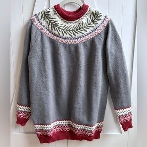 Gray Fair Isle Knit Sweater Thick Cozy Mock Neck Tunic Pullover